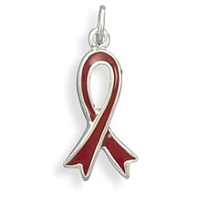 Sterling Silver Red Enamel Awareness Ribbon Charm, 7/8 in, AIDS/HIV, Substance Abuse