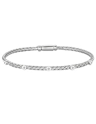 Silver Rhodium Plated Polish 7.25" 2.95mm Basketweave Bangle With Box Catch And .05 Carat Diamond