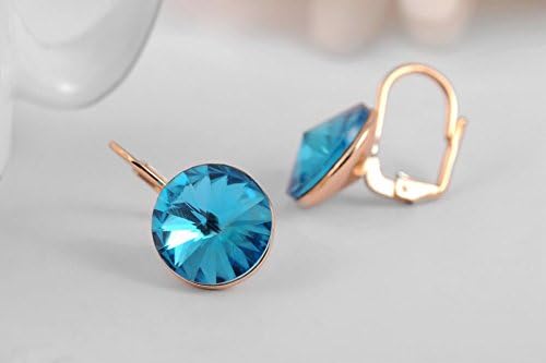 Round Cut Blue Crystal Earrings Leverback Rose Gold Plated KW0950