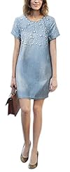 Plus Size A-line Shift Beaded  Round Neck Above the Knee Short Sleeves Denim Evening Dress/Party Dress  With Pearls