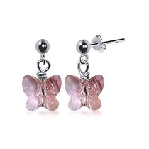 Pink Butterfly Swarovski Crystal Sterling Silver 1" Long Post Drop Earrings