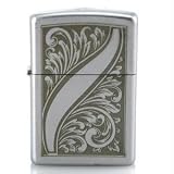 Zippo Lighter Scrolled Feather, Satin Chrome