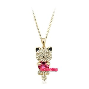 Lucky Japanese Cat Crystal Pendant Necklace Used Swarovski Crystals