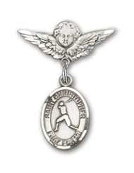 Sterling Silver Baby Badge with St. Christopher/Baseball Charm and Angel with Wings Badge Pin