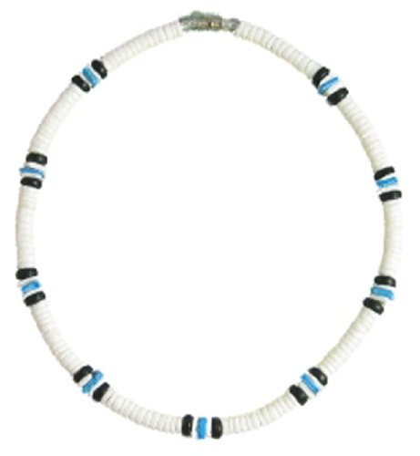 Native Treasure White Puka Shell Necklace Blue Chip 2 Black Coco Surfer Puca Beaded Beach Choker - 18