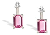 14K White Gold Emerald-cut Created Pink Sapphire and Diamond Drop Earrings