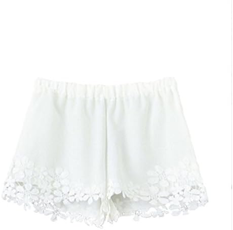 HENG SONG Celeb Lace Floral Hem Casual Slim Beach Shorts Pants (white)