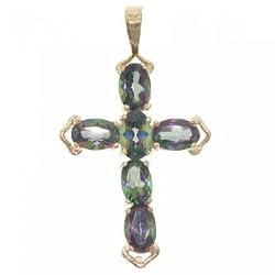 14KT Yellow Gold Cross Pendant Mystic Fire Topaz Gems