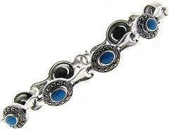Sterling Silver Marcasite Simulated Oval Turquoise Bracelet