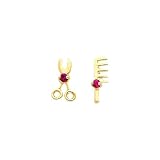 14K Yellow Gold Scissors & Comb Red CZ Stud Earrings with Screw-back