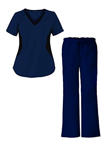 G Med Women's V Neck w. Knit Panels Scrub Top and Pant 2 Piece Fashion Sets