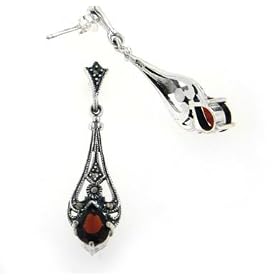Sterling Silver Teardrop Red GARNET Marcasite Earrings by 