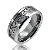 Bling Jewelry Celtic Dragon Comfort Fit Black Inlay Tungsten Carbide Mens Wedding Ring