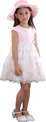 Shamila Girl's Round Neck Contrast Color Mesh Floral Dress Light Pink Size 7