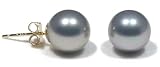 14k Yellow Gold 8mm Dyed Silver-Grey Mother of Pearl Stud Earrings