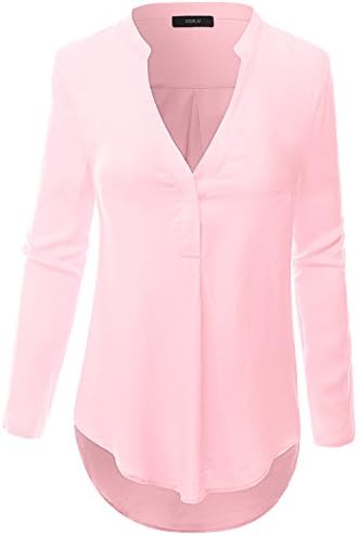 Doublju Women Stretchy V-Neck Long Sleeve Tops PINK,L