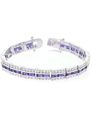 White Gold Rhodium Bonded 7.25 Inch Bracelet with Three Rows of Radiant Purple and Round Cut Clear Cubic Zirconia in a Channel Setting and a Box Clasp in Silvertone