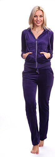 2-piece Set: Hooded Velour Track Suit with Rhinestone Trimming - 10 Different Options &amp; Extended Sizes (Small, Purple)