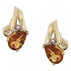 Citrine & Diamond Stud Earrings w/ Drop Post Friction Back in Solid Gold