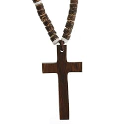 Cross Pendant in Brown Bead Necklace- 18'' Necklace, 10.5'' Overall Length