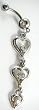 White Crystal CZ Dangle Belly Button Navel Ring Bar Silver - Chandelier Style - Tri-Heart 3 tier Hearts Belly Button