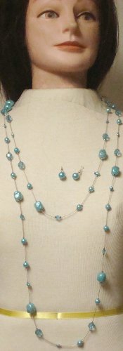 Seafoam Color Small Beads Very Long Shown As Two Strands Necklace By Dylan and Earrings for Women and Teens
