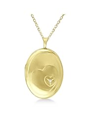 14K Yellow Gold Vermeil Oval-Shaped Heart Engraved 0.01ct Diamond Locket Pendant Necklace For Women
