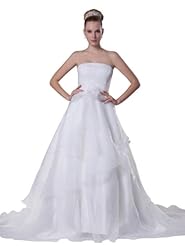 A-line Strapless Spring Fall Beaded Satin Wedding Dress  with a Court Train  With a Ribbon  and a Sash 