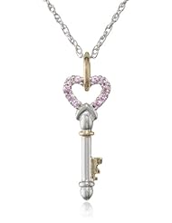 Sterling Silver Pink Cubic Zirconia Heart Key Pendant Necklace , 18"