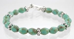 Turquoise Czech Glass Bead Toggle Bracelet with Decorative Sterling Silver Bali Beads, 7" long, #9547