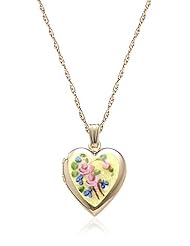 Yellow 14k Gold-Filled Polished Heart with Cloisonné Applique Locket Necklace, 18"