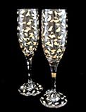 Gold Leopard Design - Hand Painted - Matching Set of Toasting Flutes - 6 oz.
