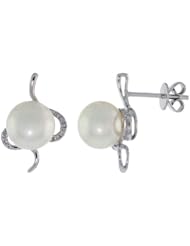 18k White Gold Pearl & Diamond Swirl Stud Earrings, w/ .078 Carat Brilliant Cut Diamonds & 7.5mm White Pearls, 11/16" (17mm) tall