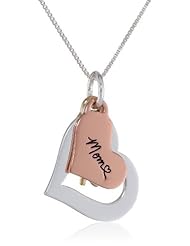 Tri-Colored Sterling Silver with Yellow and Rose Gold Flashed "Mom" Two Heart Charms with Key Pendant Necklace, 18"