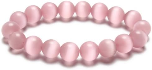 Merdia Jewelry Cat Eye Round Beaded Stretch Bracelets for Woman (Pink - 10mm)