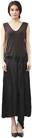 Larandi Women's Summer Petite Silk Sleeveless Maxi V-neck Black Crinkle Dress