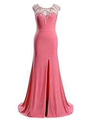 2015 Floor Length Satin Mermaid Open-Back Slit Beaded  Sheer Evening Dress/Prom Dress  With Rhinestones