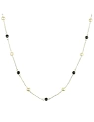 Sterling Silver Chain, Freshwater Pearl and 7 Station Black Onyx Cabochon Necklace