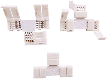 5pcs Pack 10mm 4 pins T-shape 4-conductor Quick Splitter Right Angle Corner Connector for 3528 5050 RGB LED Strip Lights, Strip to Strip