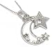 Beautiful Celestial Crescent Moon and Star Dangle Charm Necklace with Crystal Accents Silver Tone
