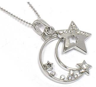 Beautiful Celestial Crescent Moon and Star Dangle Charm Necklace with Crystal Accents Silver Tone