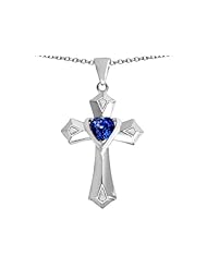 Original Star K (tm) Heart Cross Love Pendant with Heart Shape Created Sapphire in 925 Sterling Silver