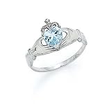 14k White Heart Aquamarine-Blue Birthstone Claddagh Ring - Size 7.0