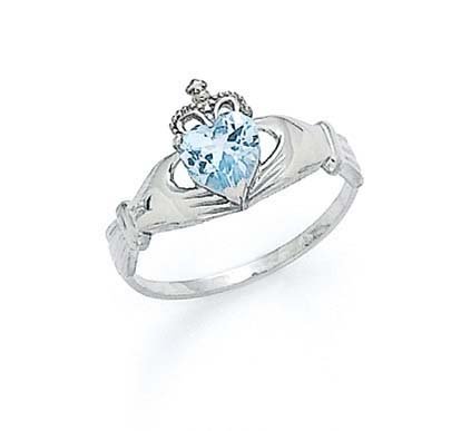 14k White Heart Aquamarine-Blue Birthstone Claddagh Ring – Size 7.0