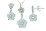Sterling Silver Green and Blue Quartz Flower Earrings and Pendant Set