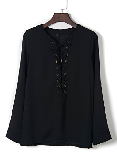 Persun Women's V-neck Lace Up Front Split Side Plain Blouse Top