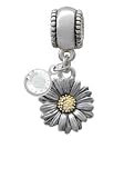Two Tone Daisy Flower - Im. Rhodium & Charm European Charm Bead Hanger with Clear Swarovski Crystal Drop