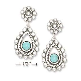 Sterling Silver Flower Post Beaded Edges Turquoise Stone Dangle Earrings - USPS Priority Mail by Dec