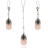 Sterling Silver .925 Genuine Rose Quartz Stone Leaf Petal Bead Dangle Hook Earrings & Y Necklace 18.5-19.5 Jewelry Set