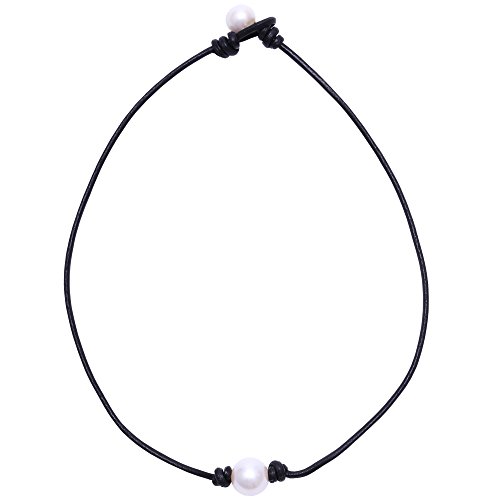 Single Cultured Freshwater Pearl Necklace for Women Genuine Leather Choker Jewelry Handmade